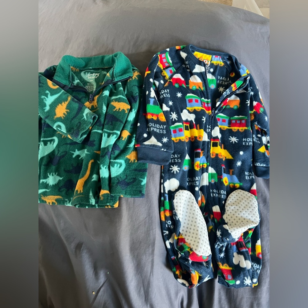 Set of 2 toddler boy fleece dinosaur green jacket & fleece trains  onesie 18 mo